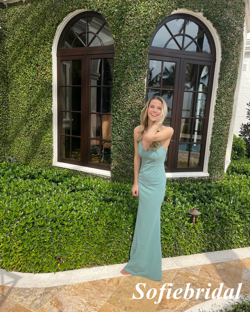 Sexy Jersey Spaghetti Straps V-Neck Sleeveless Mermaid Floor Length Prom Dress, PD01066