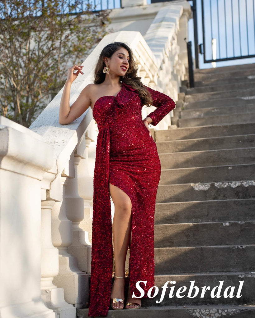 Sparkly Sequin One Shoulder Long Sleeve Side Slit Mermaid Long Prom Dress, PD01014