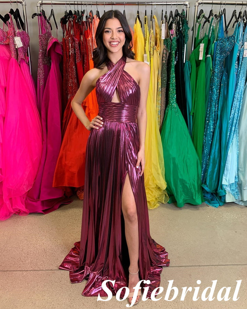 Sexy Special Fabric Halter Sleeveless Open Back Side Slit A-Line Floor Length Prom Dress, PD01040