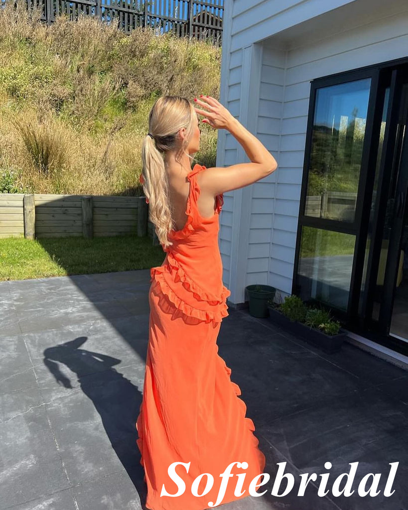 Sexy Orange Spaghetti Straps V-Neck Side Slit Mermaid Floor Length Prom Dress, PD01036