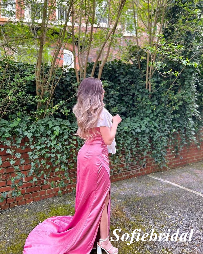 Sexy Soft Satin Spaghetti Straps V-Neck Sleeveless Side Slit Mermaid Floor Length Bridesmaid Dresses, SFWG00604