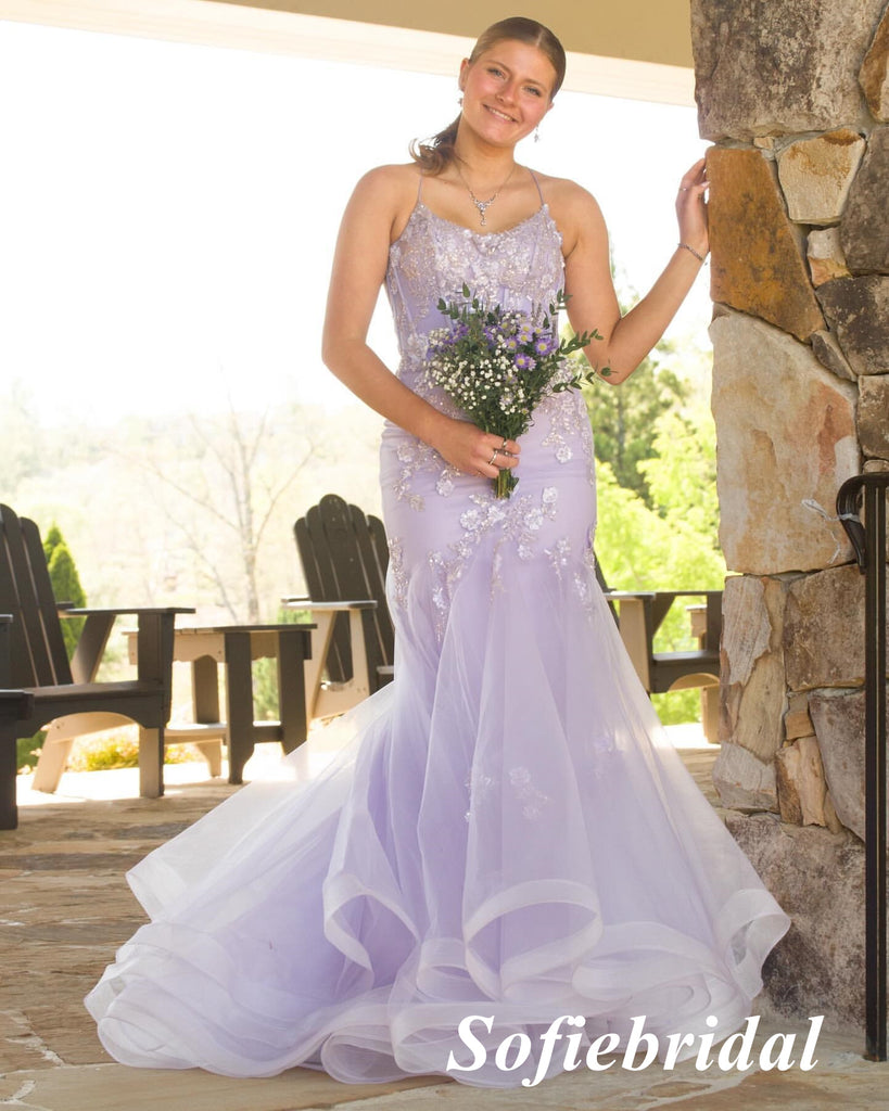 Elegant Tulle Spaghetti Straps Sleeveless Lace Up Back Mermaid Floor Length Prom Dress With Applique, PD01075