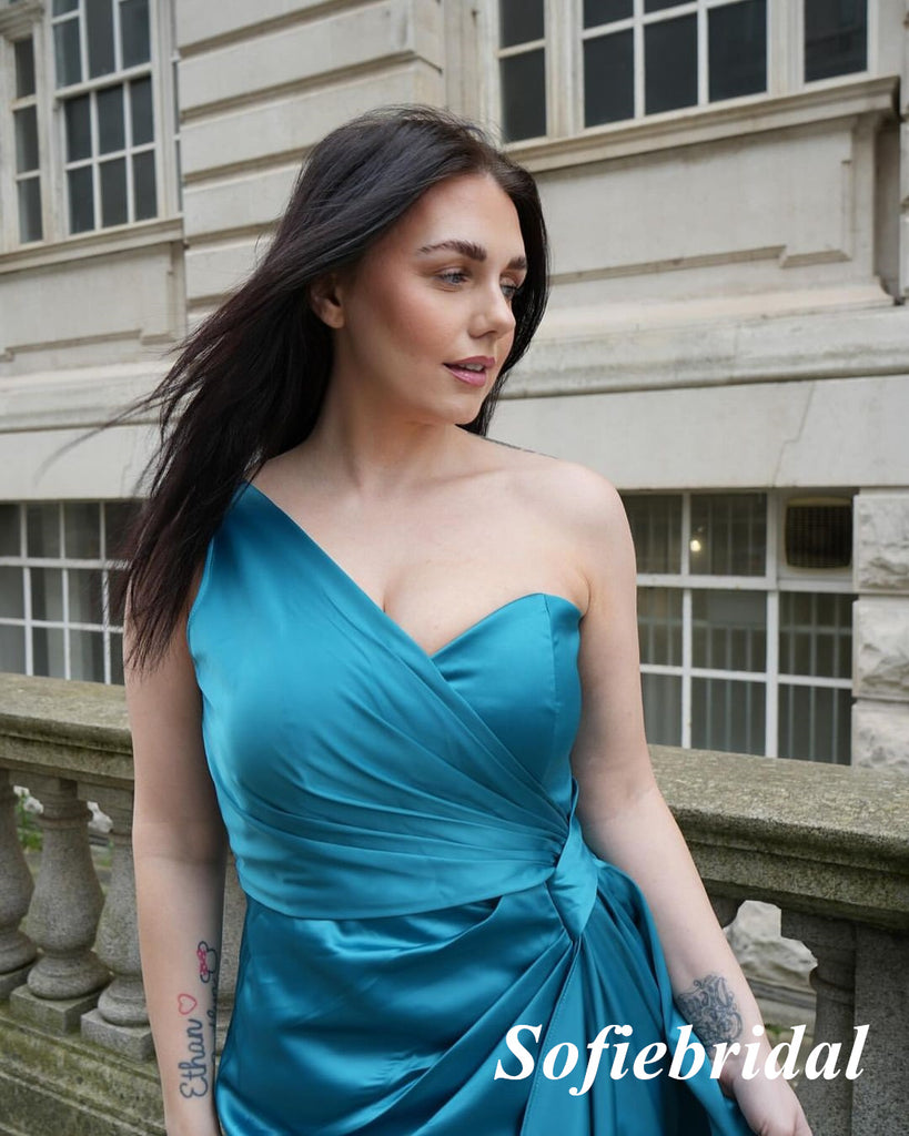 Sexy Soft Satin One Shoulder Sleeveless Side Slit Mermaid Floor Length Bridesmaid Dresses, SFWG00602