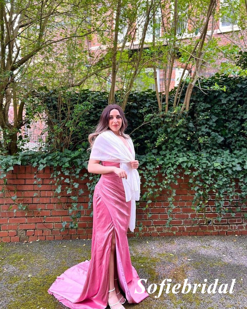 Sexy Soft Satin Spaghetti Straps V-Neck Sleeveless Side Slit Mermaid Floor Length Bridesmaid Dresses, SFWG00604