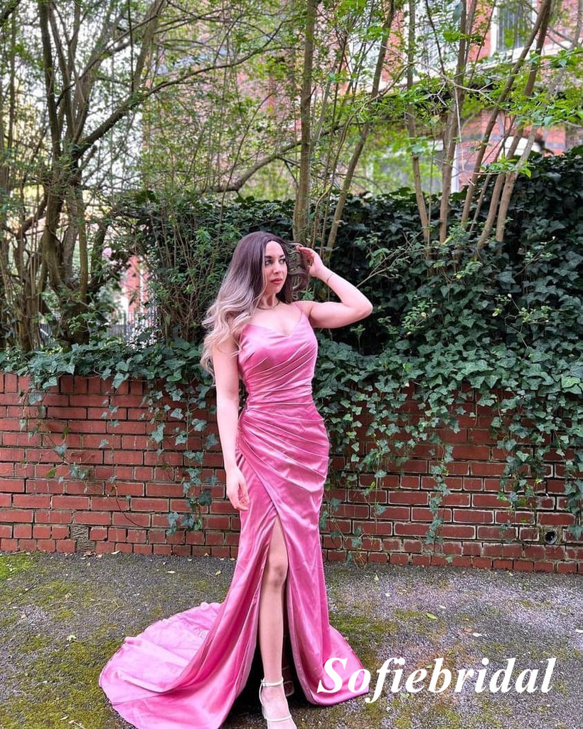 Sexy Soft Satin Spaghetti Straps V-Neck Sleeveless Side Slit Mermaid Floor Length Bridesmaid Dresses, SFWG00604