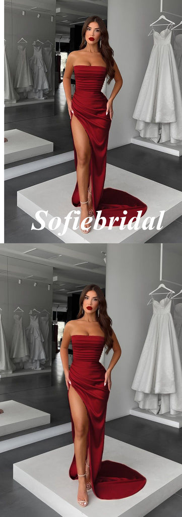 Sexy Soft Satin Off Shoulder Side Slit Mermaid Long Prom Dresses, PD0965