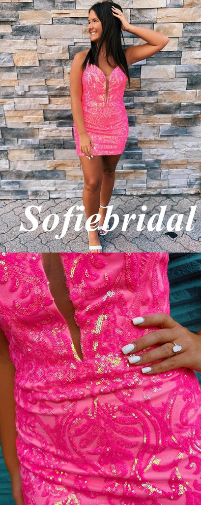 Sexy Sequin Lace Spaghetti Straps V-Neck Sleeveless Sheath Mini Dresses/ Homecoming Dresses, HD0292