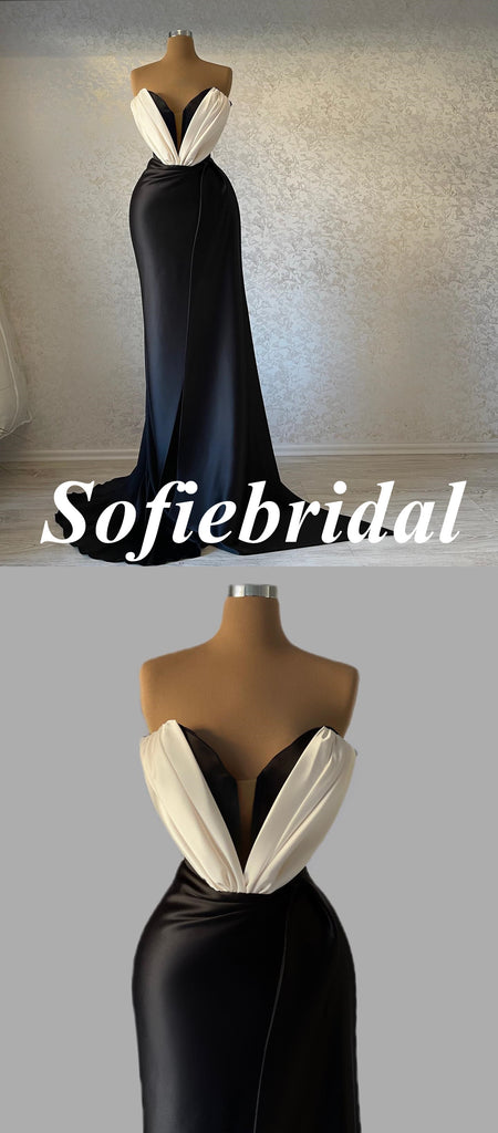 Sexy Soft Satin Sweetheart V-Neck Sleeveless Side-Slit Mermaid Long Prom Dresses, PD0957