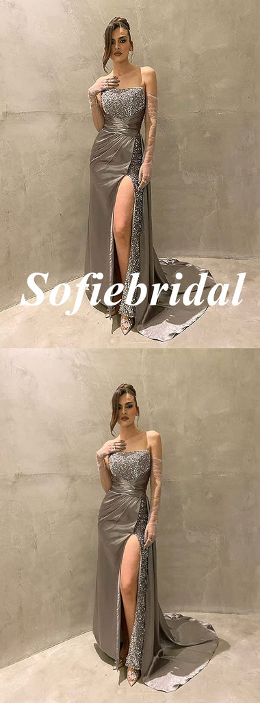 Sexy Soft Satin Sweetheart Side Slit Mermaid Long Prom Dresses, PD0947