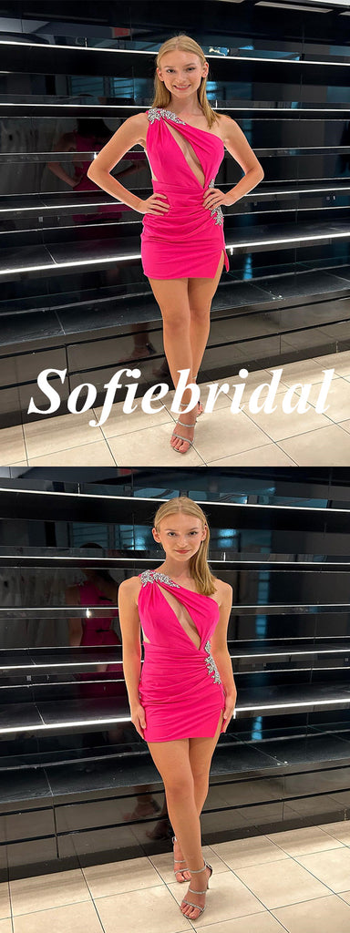 Sexy Hot Pink One Shoulder Sleeveless Sheath Mini Dresses/ Homecoming Dresses With Split, HD0298