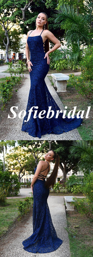 Sexy Royal Blue Spaghetti Straps Square Sleeveless Lace Up Back Mermaid Floor Length Prom Dress, PD01046