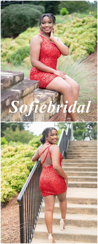 Sexy Red Sequin One Shoulder Sleeveless Sheath Mini Dresses/ Homecoming Dresses, HD0279