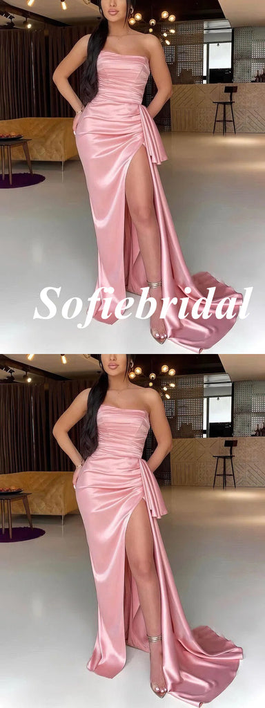 Sexy Pink Soft Satin Sweetheart Side Slit Mermaid Long Prom Dresses, PD0967