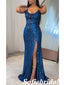 Sexy Royal Blue Sequin Spaghetti Straps Sleeveless Side Slit Mermaid Floor Length Prom Dress, PD01079