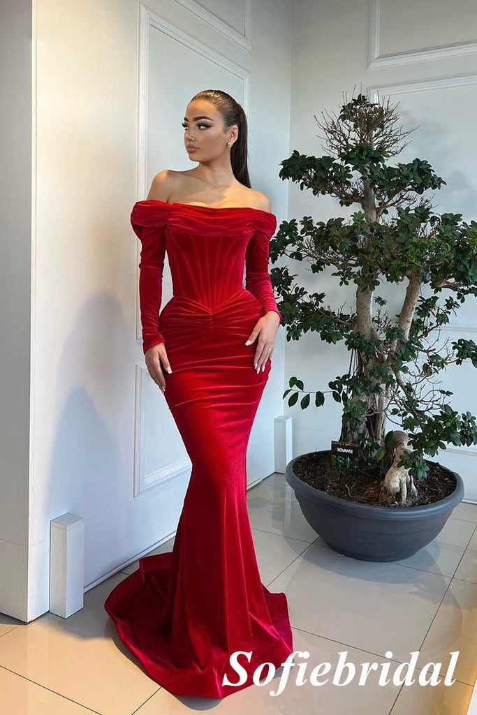 Sexy Rust Velvet Off Shoulder Long Sleeves Mermaid Long Prom Dresses, PD0962