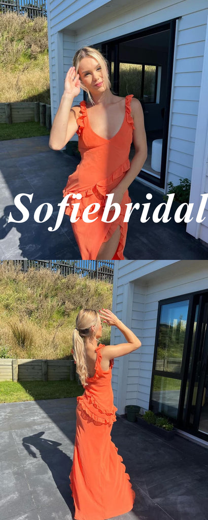 Sexy Orange Spaghetti Straps V-Neck Side Slit Mermaid Floor Length Prom Dress, PD01036