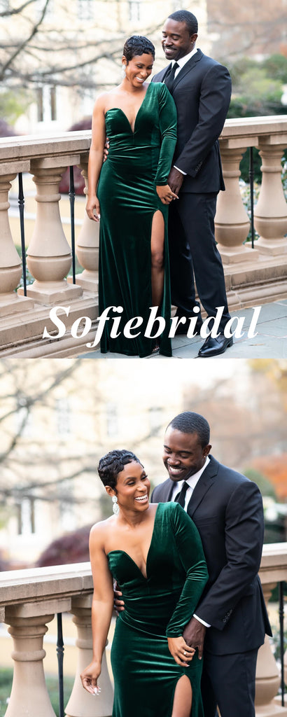 Sexy Velvet One Shoulder Long Sleeves Side Slit Mermaid Floor Length Prom Dress, PD01104