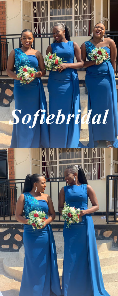 Sexy Mismatched Crepe Fabric Sleeveless Mermaid Floor Length Bridesmaid Dresses With Train, SFWG00598