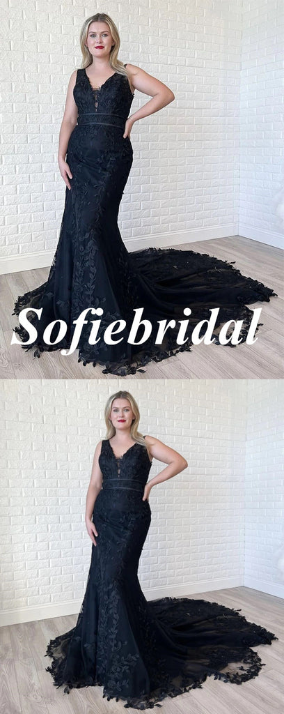 Sexy Black Tulle And Lace Spaghetti Straps V-Neck Mermaid Long Prom Dresses, PD0941