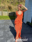 Sexy Orange Spaghetti Straps V-Neck Side Slit Mermaid Floor Length Prom Dress, PD01036