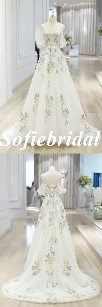 Elegant Tulle Off Shoulder Sleeveless A-Line Lace Up Back Prom Dress With Applique, PD01035