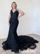 Sexy Black Tulle And Lace Spaghetti Straps V-Neck Mermaid Long Prom Dresses, PD0941