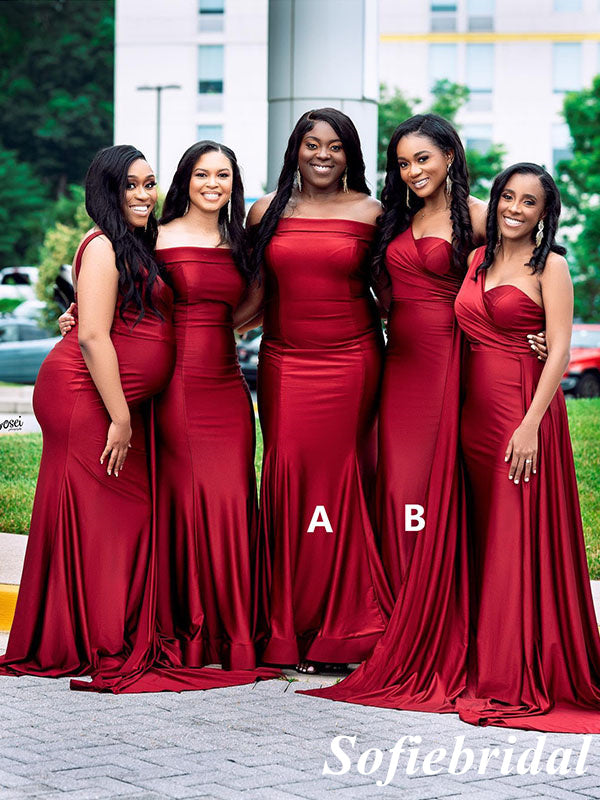 Mismatched Red Soft Satin Mermaid Floor Length Bridesmaid Dresses, SFWG00559