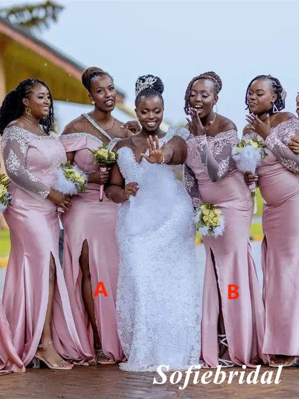 Sexy Pink Lace And Soft Satin Long Sleeves Side Slit Mermaid Floor Length Bridesmaid Dresses, SFWG00524