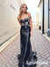 Sexy Black Sequin Off Shoulder V-Neck Side Slit Mermaid Long Prom Dresses With Appliques, PD0968