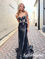 Sexy Black Sequin Off Shoulder V-Neck Side Slit Mermaid Long Prom Dresses With Appliques, PD0968