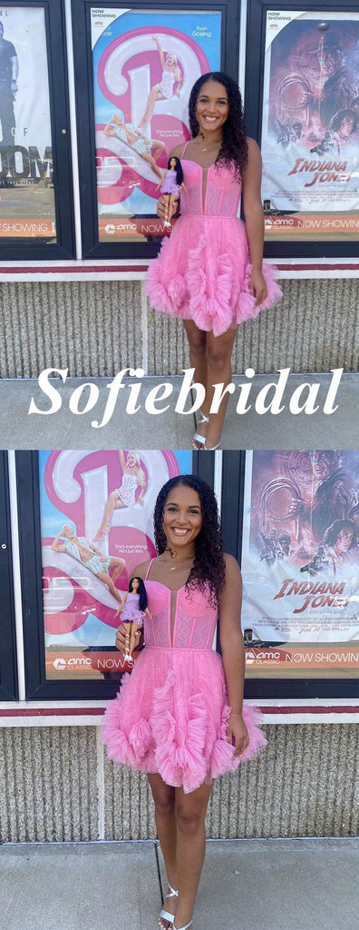 Shiny Pink Tulle Spaghetti Straps Sleeveless A-Line Mini Dresses/ Homecoming Dresses With Flitter, HD0297