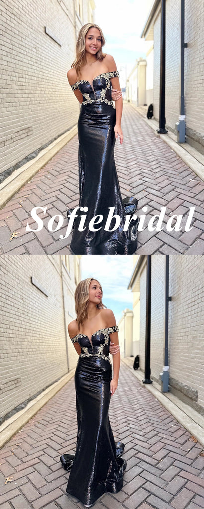 Sexy Black Sequin Off Shoulder V-Neck Side Slit Mermaid Long Prom Dresses With Appliques, PD0968