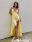 Sexy Yellow Soft Satin Spaghetti Straps V-Neck Sleeveless Side Slit A-Line Floor Length Prom Dress With Ruffle, PD01082