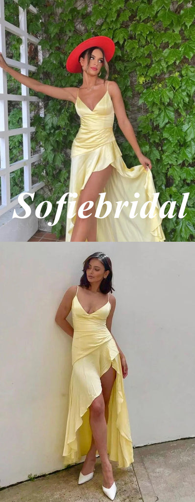Sexy Yellow Soft Satin Spaghetti Straps V-Neck Sleeveless Side Slit A-Line Floor Length Prom Dress With Ruffle, PD01082