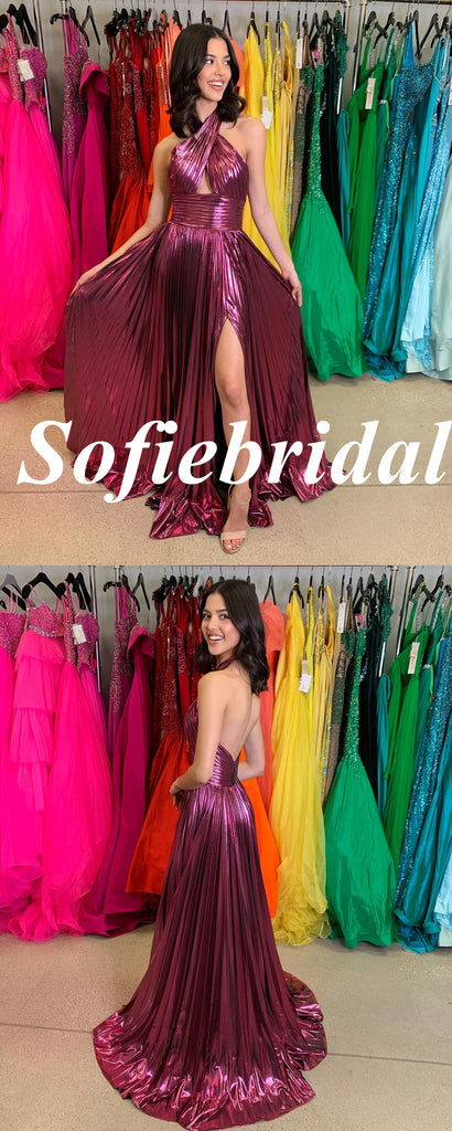 Sexy Special Fabric Halter Sleeveless Open Back Side Slit A-Line Floor Length Prom Dress, PD01040