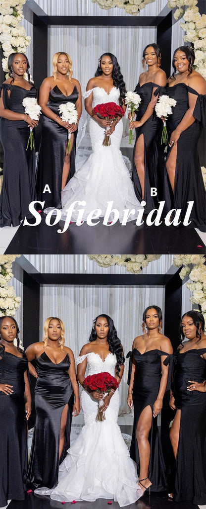 Mismatched Black Soft Satin Side Slit Mermaid Floor Length Bridesmaid Dresses, SFWG00569