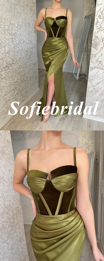 Sexy Soft Satin And Velvet Spaghetti Straps  Side Slit Mermaid Long Prom Dresses, PD0946