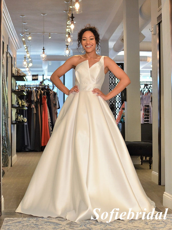 Sexy White Satin One Shoulder A-Line Long Prom Dresses, PD0937