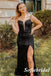 Sexy Black Sequin Lace Up Back Side Slit Mermaid Long Prom Dresses, PD0973