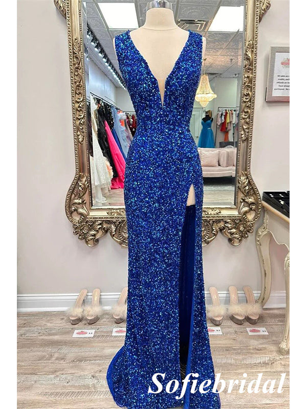 Sexy Sequin Spaghetti Straps V-Neck Lace Up Back Side Slit Mermaid Long Prom Dresses, PD0974