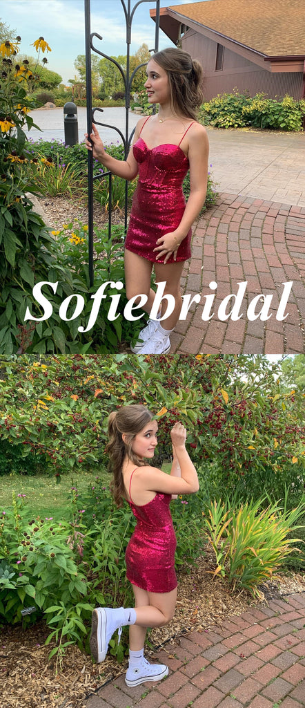 Sexy Burgundy Sequin Spaghetti Straps Sleeveless Sheath Mini Dresses/ Homecoming Dresses, HD0300