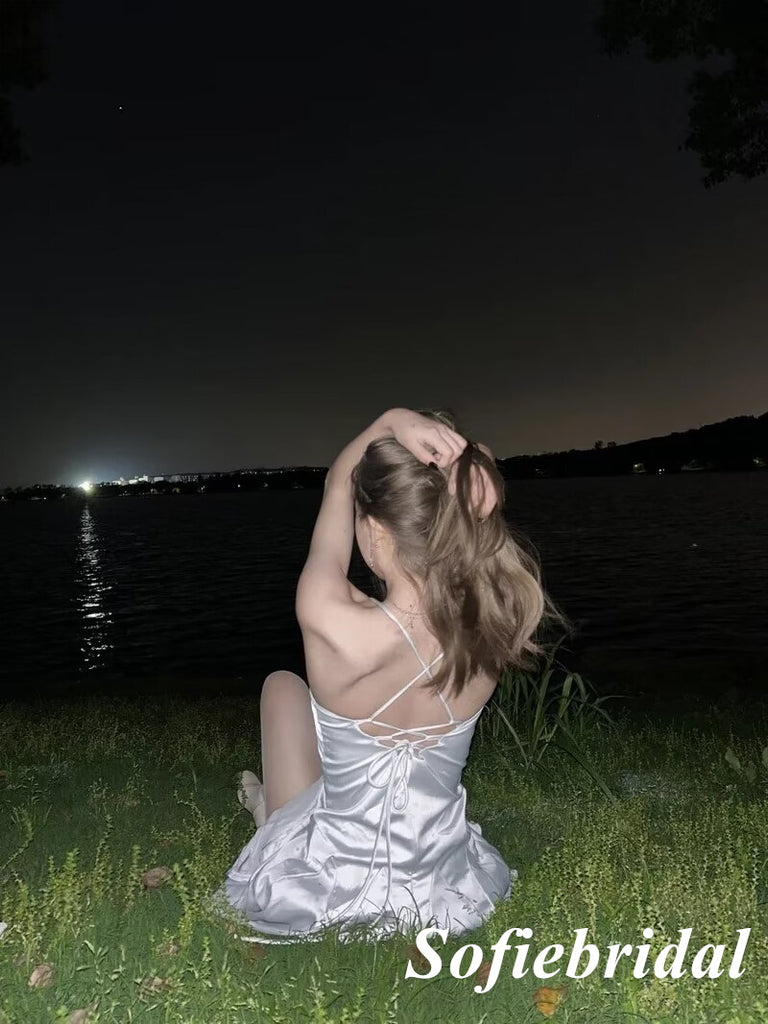 Sexy Silver Elastic Satin Spaghetti Straps Sleeveless Lace Up Back Mermaid Short Prom Dresses/Homecoming Dresses, HD0234