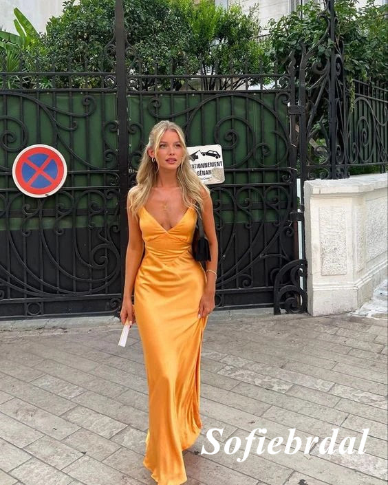 Sexy Soft Satin Spaghetti Straps V-Neck Sleeveless Mermaid Long Prom Dresses, PD01004