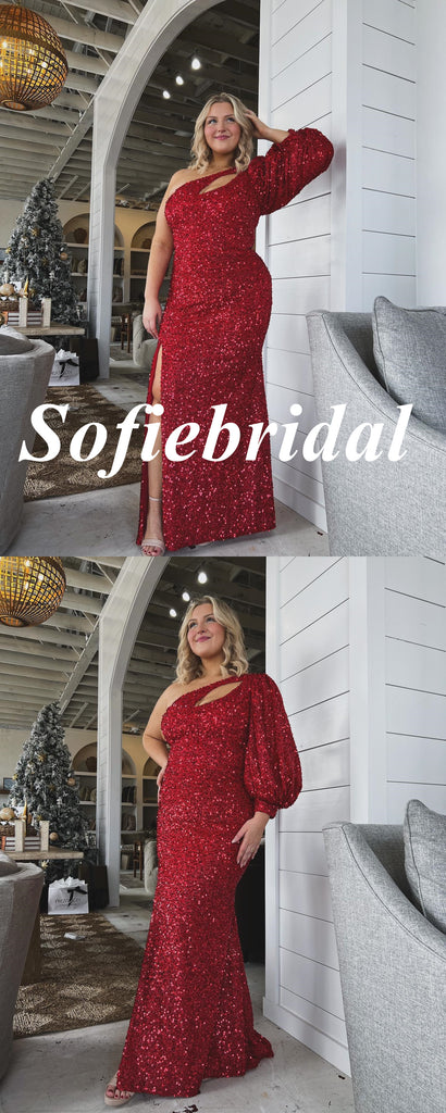 Sexy Sequin One Sleeve Side Slit Mermaid Long Prom Dresses,PD0746