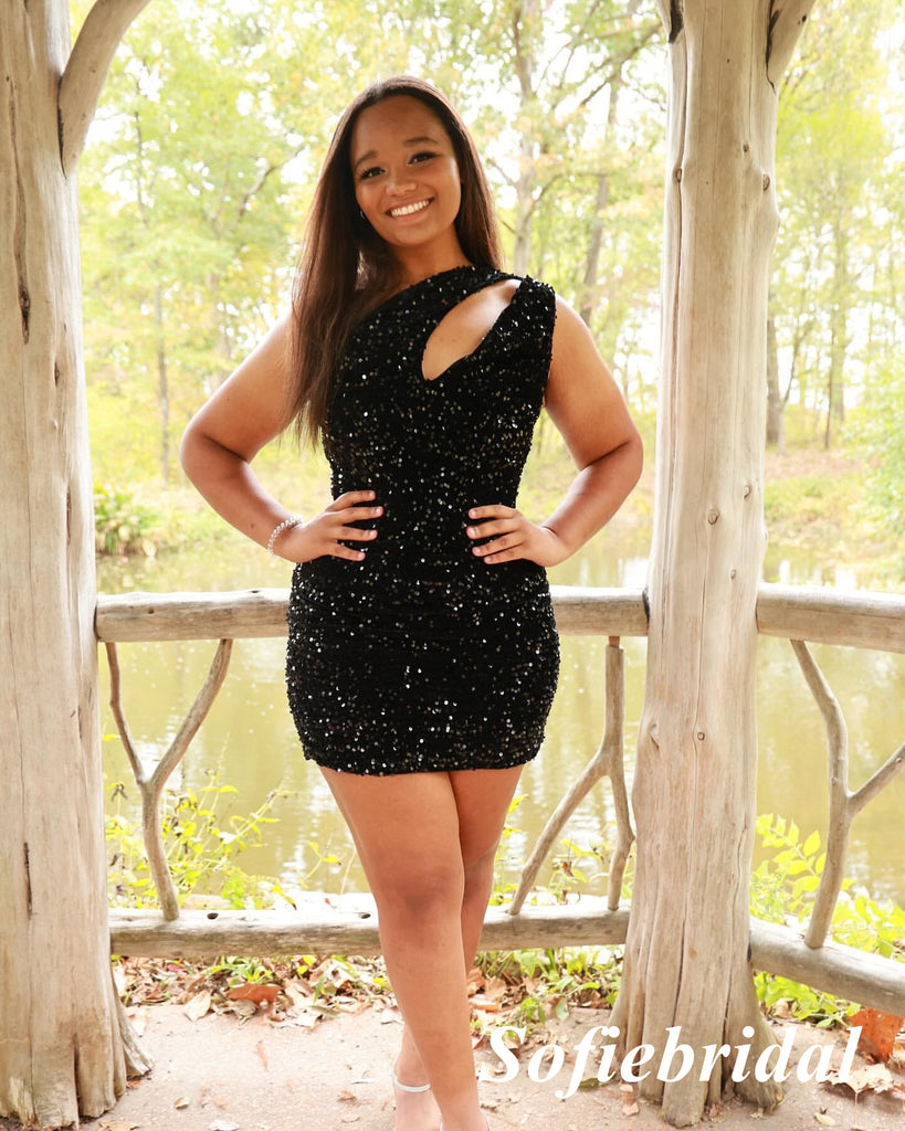 Sexy Sequin One Shoulder Sleeveless Sheath Mini Dresses/ Homecoming Dresses, HD0295