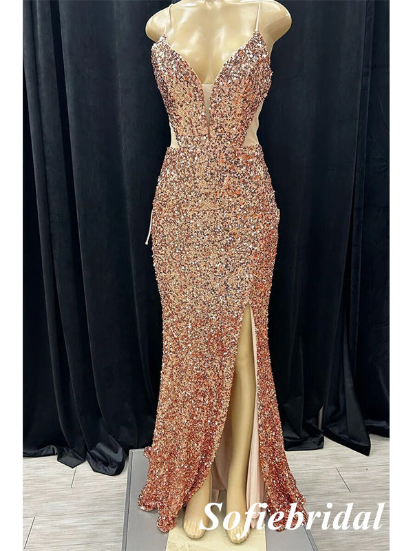 Sexy Sequin Spaghetti Straps V-Neck Lace Up Back Side Slit Mermaid Long Prom Dresses, PD0975