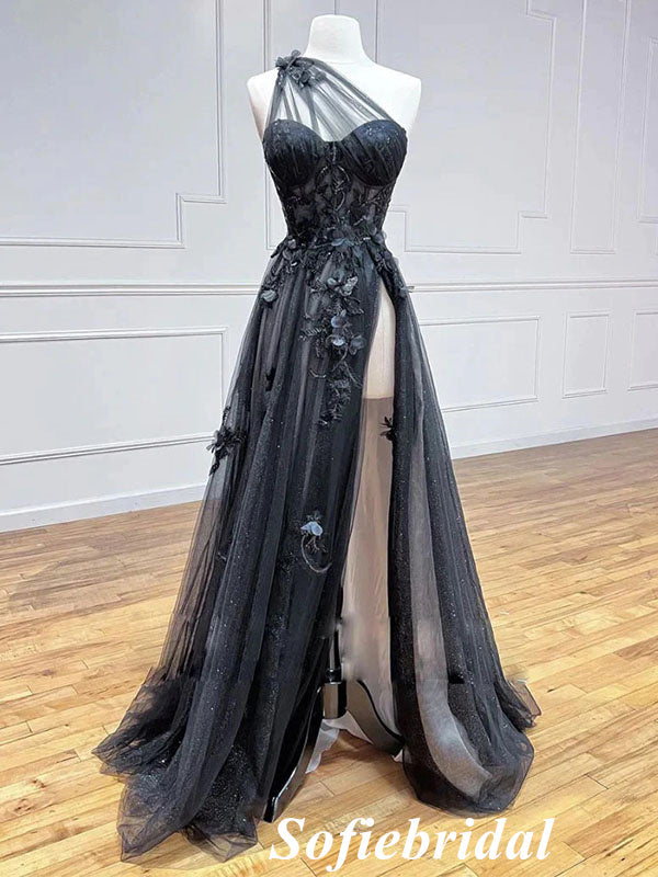 Sexy Tulle One Shoulder Sleeveless Side Slit A-Line Long Prom Dresses With Applique, PD0925