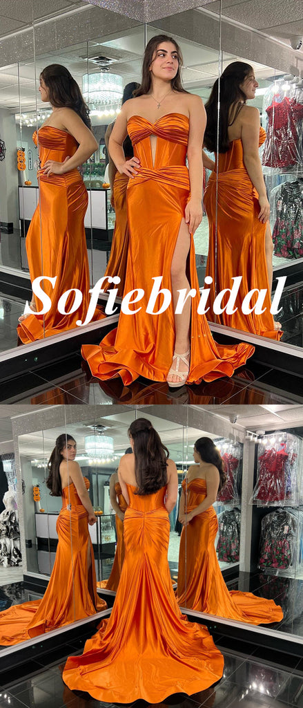 Sexy Orange Soft Satin Sweetheart Side Slit Mermaid Long Prom Dresses, PD0948
