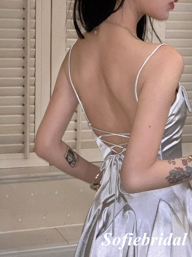 Sexy Silver Elastic Satin Spaghetti Straps Sleeveless Lace Up Back Mermaid Short Prom Dresses/Homecoming Dresses, HD0234