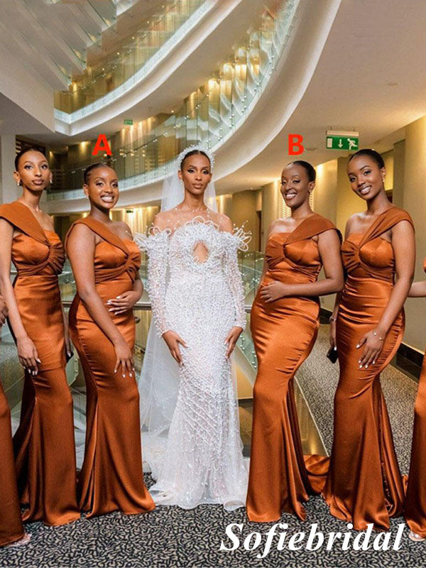 Sexy Mismatched Soft Satin One Shoulder Sleeveless Mermaid Floor Length Bridesmaid Dresses, SFWG00518